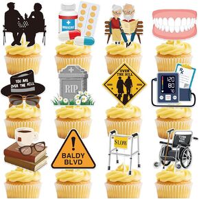 Over the Hill Birthday Decorations -24 Pcs Funny 50th Cupcake Toppers, Old Lives Matter 40th Birthday Cup Cake Toppers, Older Age Table Decor for Men Women Retirement Party Supplies