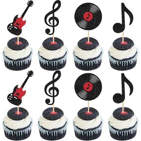 24 PCS Music Notes Cupcake Toppers Glitter Guitar Rock Cupcake Picks Vinyl Record Cake Decorations for Retro Rock and Roll Music Theme Baby Shower Kids Birthday Party Cake Decorations Supplies