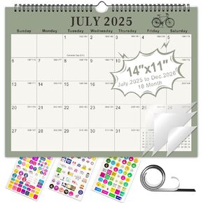 Gannyfer Calendar 2025-2026, 18 Month Wall Calendar 2025 from July 2025 to December 2026, Hanging Spiral Bound Magnetic Fridge Desk Calendars 14" x 11", Perfect for Home School Office (3 Stickers Included)
