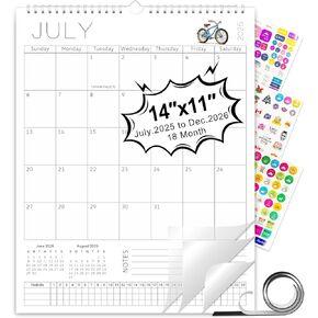 Gannyfer Calendar 2025-2026, 18 Month Wall Calendar 2025 from July 2025 to December 2026, Hanging Spiral Bound Magnetic Fridge Desk Calendars 14" x 11", Perfect for Home School Office (3 Stickers Included)