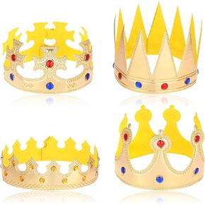 4 Pcs Golden King Crowns Prince Princess Crowns Hat Cap with Gems Gold Costume King Queen Crown Supplies for Birthday Party