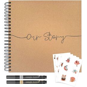 Scrapbook Photo Album 11 x 11" With DIY Scrapbooking 100 Pages Kit with Accessories, 50 Bohemian Stickers Included Scrap booking, 2 Metallic Markers Scrapbook kit, Thick Kraft Brown Paper Album