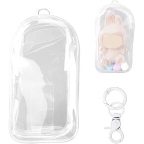 2pcs Protective Case for Dolls, 7.68x4.13 inch Waterproof PVC Clear Cover Figure Display Bag Keychain Holder with Pompoms & Keychain Protector Box for Doll Accessories