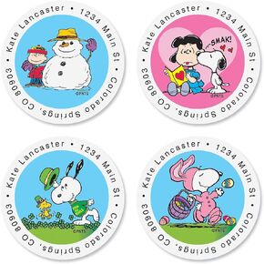 Colorful Images Christmas Fun Peanuts Return Address Mailing Labels, Personalize with Name & Shipping Address, Set of 144 Self Adhesive, Easy Peel Flat Sticker Label Sheets, Large, 6 Designs