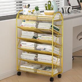 Movable Bookshelf Cart - 6-Tier Metal Rolling Library Cart with V-Shaped Sloped Shelves and Lockable Wheels for Home, Office, School, or Library Use
