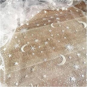 Sparkling Stars Moon Soft Tulle Material White Photographic Background Cloth Wedding Dress Fabric Veil DIY Designer Material for DIY Clothing Wedding Dress(150cmx300cm)