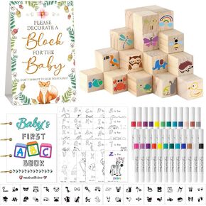 146 Pcs Baby Shower Game Sign Set Includes Decorative Square 56 DIY Blank Wooden Blocks 24 Paint Markers 27 Page Baby‘s First ABC Book (Leaf)
