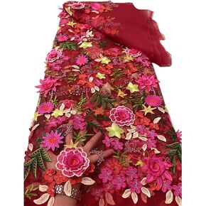 3D Flower Lace Fabric 5 Yards Embroidery Fabric Beaded Fabric for Wedding Dress for DIY Clothing Wedding Dress(Color-C)