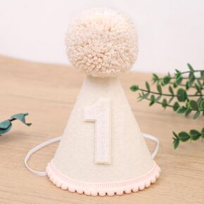 Baby 1st Birthday Cone Hat - First Birthday Hats Pink, Creamy White Hat for 1st Party, Baby First Party Supplies, One HBD Decorations, Cake Smash Hats
