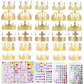 Cayton Paper Crowns, 58 Pcs Gold Crown Party Hats, Gold Paper Crowns with Rhinestone Stickers, Number and Letter Stickers, Crown for Kids Adults Birthday Party DIY (Golden)