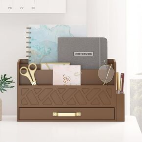 Wooden Desk Organizer,Desktop Organizer File Sorter for Office Supplies, Mail Organizer with Drawer,Desk Accessories & Workspace Organizers for Women （White）