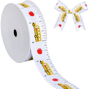 Back to School Ruler Ribbon, 7/8 Inch Teacher Grosgrain Ribbon with Bus Apple Measuring Tape Printed for Gift Wrapping Crafts Sewing Wreaths Bows, 10 Yards Spool