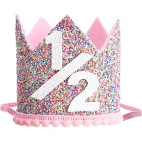Rainbow Birthday Crown Hat for Girls, Glitter Pink Hat Crown for 1/2 1 2 Years Old Party Supplies Decorations