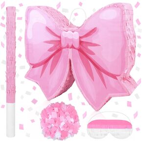 Pink Bow Piñata Party Bundle – 15" Birthday Piñata with Blindfold, Bat Stick & Confetti for Girls, Bridal Showers, Weddings | Princess-Themed Party Decorations & Supplies