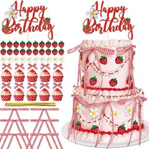 71PCS Strawberry Bow Cake Decorations Set Happy Birthday Strawberry Cake Topper and Cupcake Bows Decorations for Baby Shower Bridal Shower Graduation Party