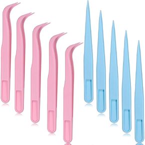 10 Pack Plastic Tweezers for Kids Including 5 Pcs 4.5 Inch Bent Tweezers for Kids and 5 Pcs Straight Sticker Tweezer in Blue for DIY Jewelry Making Crafts Baking Decoration Feeding Reptiles