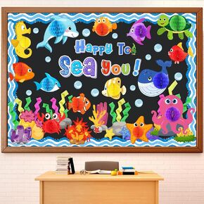 Fuutreo 75 PCS Sea Animal Bulletin Board 3D Summer Ocean Classroom Decoration with Honeycomb Calls Happy to Sea you Ocean Fish Animals Clutouts for Summer To School Classroom Decor
