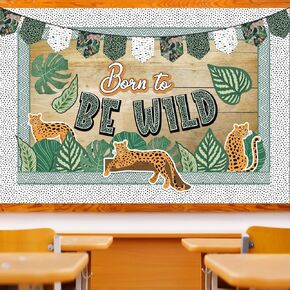 75 Pcs Jungle Animals Bulletin Board Kit Back to School Safari Jungle Animals for Classroom Decoration Born to be Wild Leopard Cutouts for School Class Wall Chalkboard Supplies