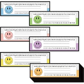 48pcs Boho Happy Face Name Tags Pastel Smile Face Name Plates Telfive Detive Plantes for Class-Champion Office Desk Cabinets