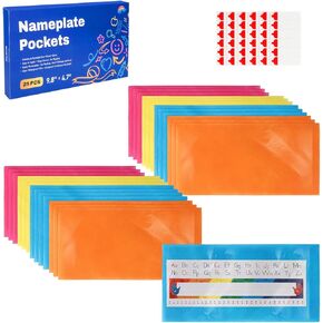 Nameplate Pocket, Name Tag Pockets for Desks, 9.8''x 4.7'' Non-Woven Fabric Adhesive Clear Nametag Sleeves Covers for Student Desks, Classroom Suppliers (25 PCS)