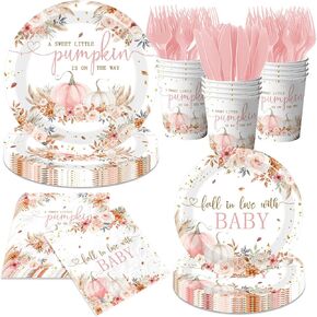 Blue Little Pumpkin Baby Shower Decorations Boy, Boho A Sweet Little Pumpkin is On The Way Plates and Napkins with Cups Forks and Knives Floral Fall Tableware for Autumn Thanksgiving Party, Serve 24