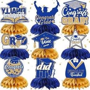 Graduation Decorations Class of 2025, 9 Pcs Blue and Gold Graduation Honeycomb Centerpieces, Table Decoration Kindergarten Preschool High School College Graduation Party Supplies