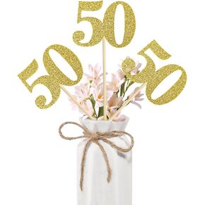 16 PCS 50th Birthday Centerpiece Sticks Double Sided Glitter 50th Anniversary Party Centerpieces for Tables Number 50 Table Flower Toppers Party Decorations Supplies Gold