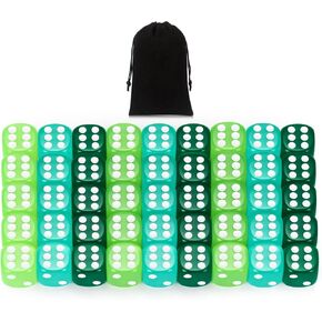 48 Pcs Game Dice Set 16 mm Translucent Acrylic D6 Dice with Drawstring Bag Green Gradient Color Six Sided Casino Die for Table Board Games Parties Teaching Math