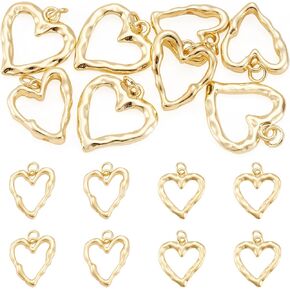 FASHEWELRY 8Pcs 18K Gold Plated Heart Charms Golden Brass Heart Pendants Hollow Dangle Bezel Charms for Valentine's Day DIY Earring Necklace Bracelet Jewelry Making