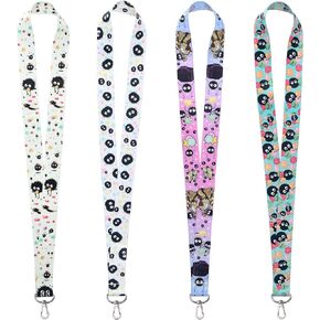 Pounchi Cute Soot Sprite Lanyard (4 Pcs) for ID Badge Holder Keys Wallet, Anime Lanyards for Teens Kids School Office Party Supplies Gifts