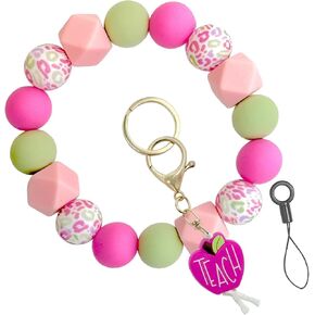 Silicone Beaded Keychain Bracelet - Elastic Wristlet Lanyard Key Holder for Women & Girls, Cute Key Ring Bangle for Wallet