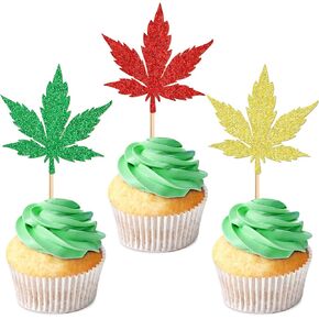 Ercadio 32 PCS Dope Happy Birthday Have a Dope Birthday Cupcake Toppers Pot Leaf Weed Leaves Cupcake Picks Green Marijuana Dope 420 Themed Party Supplies
