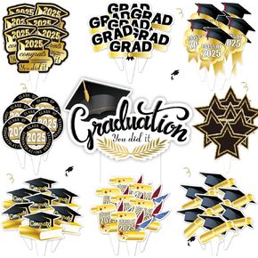 73pcs Graduation Cupcake Toppers 2025 Cake Topper Decorations Black and Gold Class of 2025 Congrats Grad Theme Party Supplies Graduate Party Cake Picks