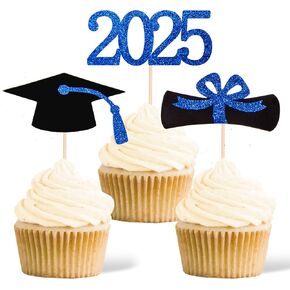 Gexolenu 48 pcs Gold DIY Cupcake Toppers, Class of 2025 Graduation Double-sided Food Picks Glitter Grad Cap for Graduation Party Supplies 2025 Graduate Party Cake Picks Decorations, set of 16