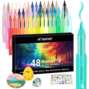Acrylic Paint Markers Brush Tip, 48 Colors Acrylic Paint Pens with Automatic Ink Control System for Rock Painting, Canvas, Wood, Glass, Ceramic, Fabric, DIY Crafts Making Art Supplies