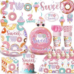 155 Pcs Two Sweet Birthday Decorations, Donut 2nd Birthday Decorations for Girl Includes Banner Foil Balloons 2 Sweet Hanging Swirls Cake Toppers Plates and Napkins Set 2 Year Old