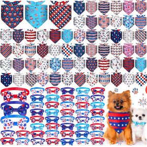 108 Pcs Summer 4th of July Dog Bandanas Bulks Adjustable Red White Blue Bow Ties for Dogs USA Flag Bowknot National Star Triangle Scarf Kerchief for Pet Cat Grooming(Summer)