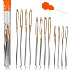 TLKKUE 12 Pcs/3 Sizes Large-Eye Blunt Needles, Stainless Steel Yarn Needle with Needle Threader, Tapestry Needle for Sewing Crochet Knitting Embroidery (Silver)