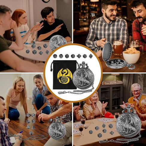 MINI DND DICE مع مجموعة STEAMPUNK DRAGIN DRAGIN WATCH SHEW ، 7pcs Polyhedral Metal Dnd Set ، مجموعة بداية DND ، هدايا D&D مع حقيبة هدايا شعار Dragon ، إكسسوارات ألعاب لوح لعب الأدوار ، الفضة in Kuwait
