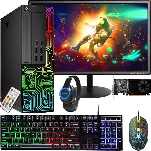 PC Gold Treasure Box RGB Dell Desktop Quad Core I5 ​​حتى 3.6 جيجا، 16 جيجا، 512 جيجا SSD، واي فاي، بلوتوث 4.0، لوحة مفاتيح وماوس ألعاب RGB، DVD، جديد 22 بوصة 1080 FHD LED، شريط صوت RGB، كاميرا ويب، Win 10 Pro ( متجدد) in Kuwait
