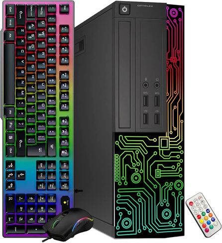 PC Gold Treasure Box RGB Dell Desktop Quad Core I5 ​​حتى 3.6 جيجا، 16 جيجا، 512 جيجا SSD، واي فاي، بلوتوث 4.0، لوحة مفاتيح وماوس ألعاب RGB، DVD، جديد 22 بوصة 1080 FHD LED، شريط صوت RGB، كاميرا ويب، Win 10 Pro ( متجدد) in Kuwait
