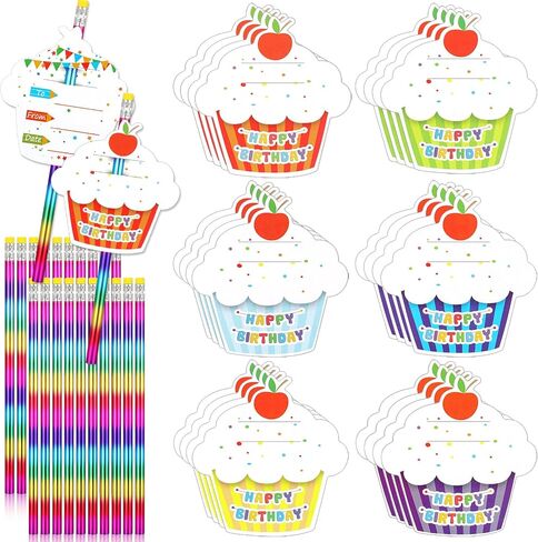 30 Sets Happy Birthday Pencils and Cupcakes Greeting Cards 30 Pcs Rainbow Wood Pencil with Erasers 30 Pcs Mini Card for School Classroom Reward Birthday Party Birthday Certificates for Student in Saudi Arabia