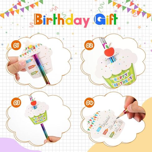 30 Sets Happy Birthday Pencils and Cupcakes Greeting Cards 30 Pcs Rainbow Wood Pencil with Erasers 30 Pcs Mini Card for School Classroom Reward Birthday Party Birthday Certificates for Student in Saudi Arabia