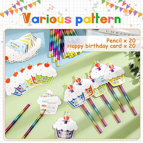 30 Sets Happy Birthday Pencils and Cupcakes Greeting Cards 30 Pcs Rainbow Wood Pencil with Erasers 30 Pcs Mini Card for School Classroom Reward Birthday Party Birthday Certificates for Student in Saudi Arabia