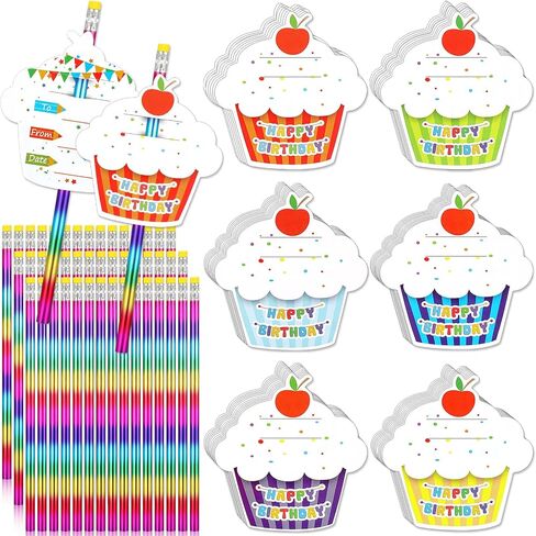 30 Sets Happy Birthday Pencils and Cupcakes Greeting Cards 30 Pcs Rainbow Wood Pencil with Erasers 30 Pcs Mini Card for School Classroom Reward Birthday Party Birthday Certificates for Student in Saudi Arabia