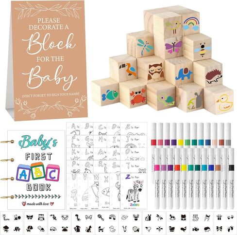 146 PCS مجموعة علامة دش الطفل تشمل مجموعة ديكور مربع 56 DIY Blank Wooden Blocks 24 علامة الطلاء 27 صفحة Baby ’s أول كتاب ABC (ورقة) in Saudi Arabia