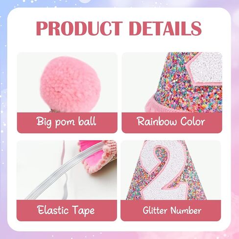 Rainbow Birthday Crown Hat for Girls, Glitter Pink Hat Crown for 1/2 1 2 Years Old Party Supplies Decorations in Saudi Arabia