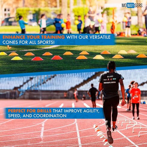 حزمة بريميون 50 قطعة من مخاريط كرة القدم بألوان كاملة، مخاريط رياضية سهلة الرؤية لتدريب كرة القدم - مخاريط مسطحة رياضية لأي نوع من الرياضة مع حقيبة قابلة للنقل. in Kuwait