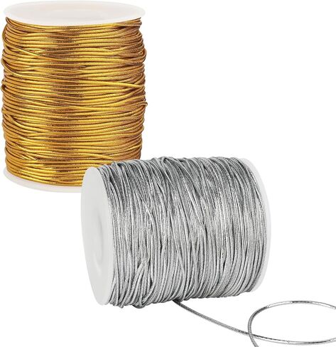 Gold Elastic Cord, 110 Yards Metallic Elastic String 1 Roll Metallic Tinsel Cord Gold Rope Ribbon Stretch Cords for Ornament Hanging Gift Wrapping Crafts Jewelry Making Christmas Decorations in Kuwait