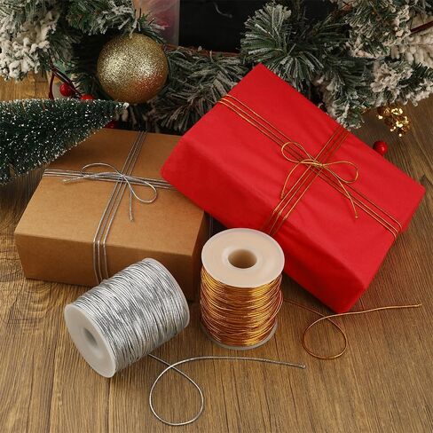 Gold Elastic Cord, 110 Yards Metallic Elastic String 1 Roll Metallic Tinsel Cord Gold Rope Ribbon Stretch Cords for Ornament Hanging Gift Wrapping Crafts Jewelry Making Christmas Decorations in Kuwait